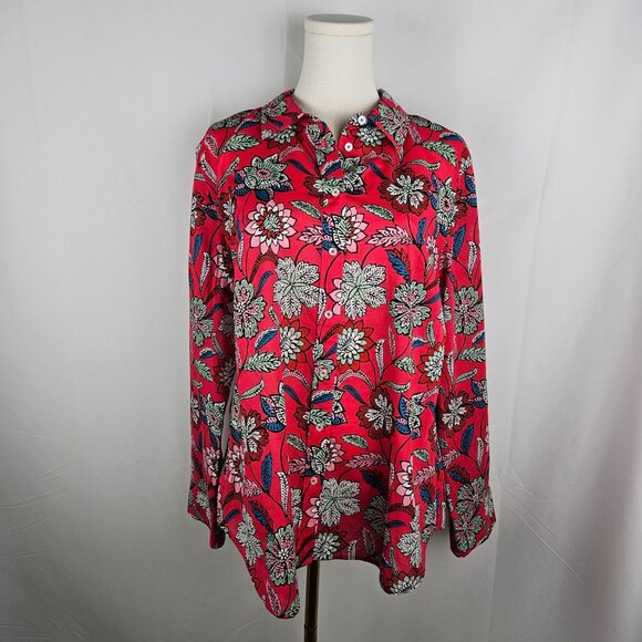 Talbots Floral Print Button-Up Blouse Large Long Sleeve Vibrant Pink Red - Picture 2 of 10